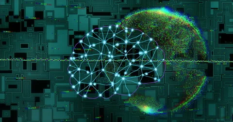 Digital brain network and data processing animation over circuit board Stock Footage 305431647
