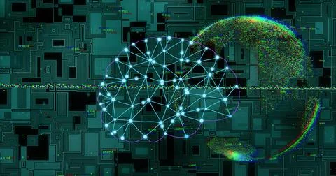 Digital brain network and data processing image over circuit board background Stock Photos