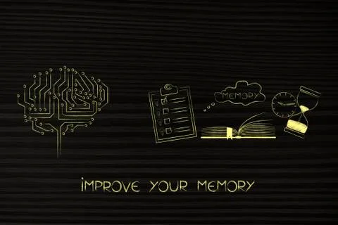 Digital brain next to memory icon made by book with to do list and hourglass  Stock Illustration