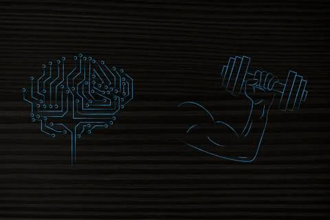 Digital brain next to powerful arm holding dumbbell イラスト素材