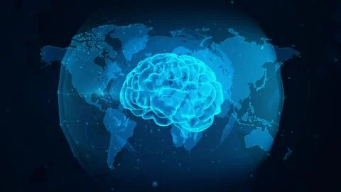 Digital Brain Over World Map Depicting Global Technology Advancements and Connec Stock-Illustration