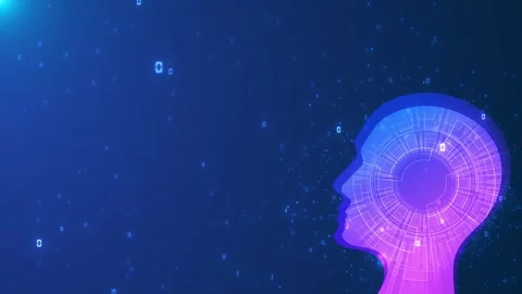 Digital brain profile AI visual glowing head silhouette, circuit patterns, parti Stock Footage 340567822