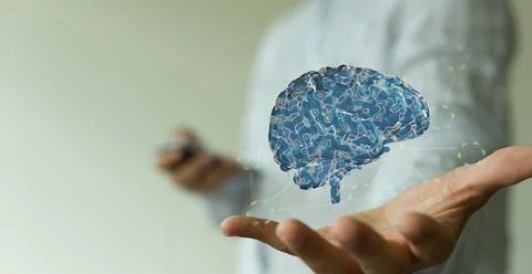 A digital brain render with an interconnected network of lines- artificial in Stock Photos