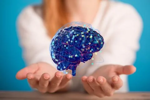 A digital brain render with an interconnected network of lines- artificial in Foto stock