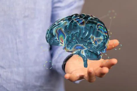 A digital brain render with an interconnected network of lines- artificial in Stock Photos