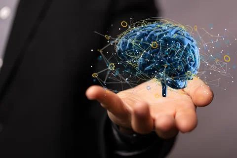 A digital brain render with an interconnected network of lines- artificial in Stock Photos