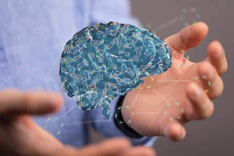 A digital brain render with an interconnected network of lines- artificial in Stock Photos