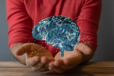 A digital brain render with an interconnected network of lines- artificial in Stock Photos