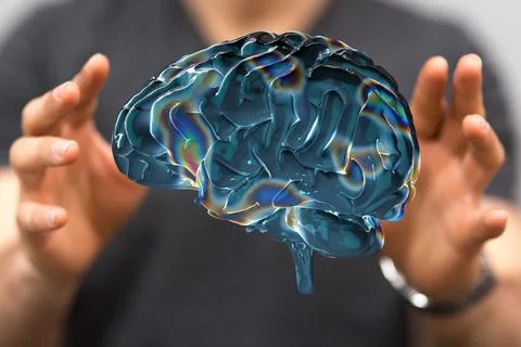 A digital brain render with an interconnected network of lines- artificial in Stock Photos