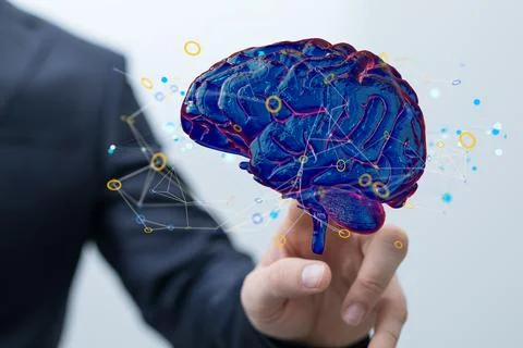 A digital brain render with an interconnected network of lines- artificial in Foto stock