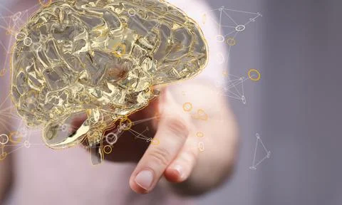 A digital brain render with an interconnected network of lines- artificial in Stock Photos