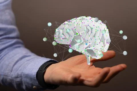 A digital brain render with an interconnected network of lines- artificial in Foto stock