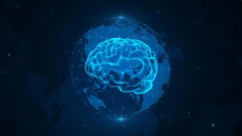 Digital Brain Rendered on Global Network Grid Illuminated in Blue Hues イラスト素材