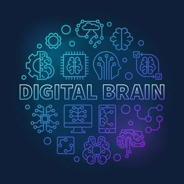 Digital Brain round blue vector line concept illustration Illustrazione stock