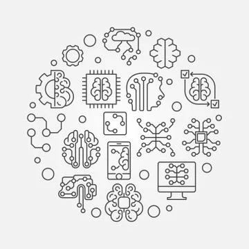 Digital Brain round vector simple outline illustration Illustrazione stock
