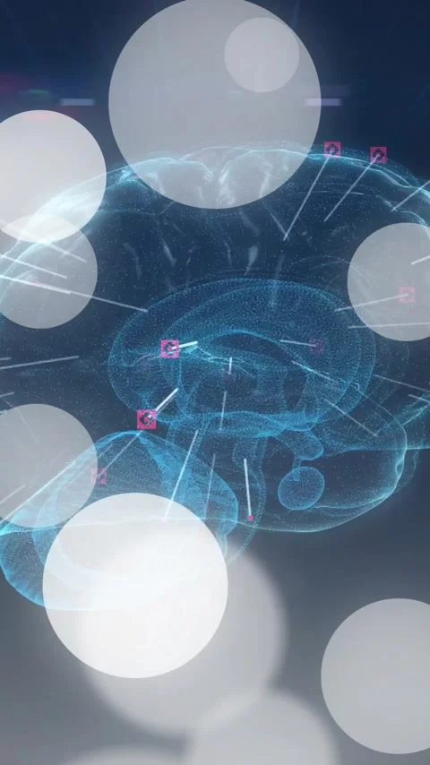 Digital brain scan and data analysis animation over abstract white circles Stock Footage 342015647