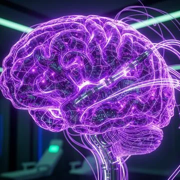 Digital Brain Scan Neural network brain glowing neon purple, futuristic Stock Illustration