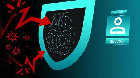 Digital brain on shield blocks virus and arrow attacks near online account Stockillustratie