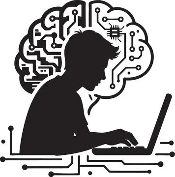 Digital Brain Silhouette Working on Laptop 스톡 일러스트