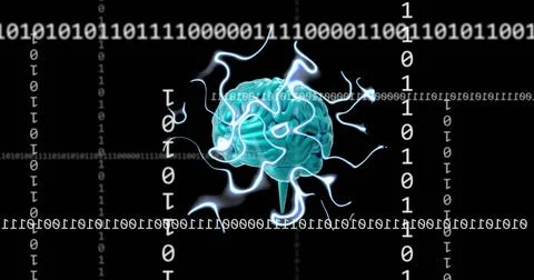 Digital brain surrounded by binary code, representing artificial intelligence Stockfoto's