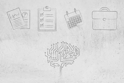 Digital brain under a group of office items lined up from stats documents to  Stock Illustration