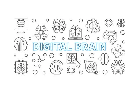 Digital Brain vector concept horizontal outline banner Stock Illustration