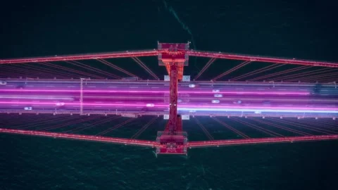 Digital Bridge Motion with Neon Light Trails Above Dark Night Waters Vídeo Stock 330972882