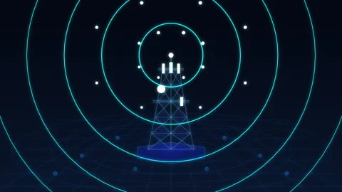Digital broadcast tower transmitting signal waves with cyber grid tech Stock Footage 347199451