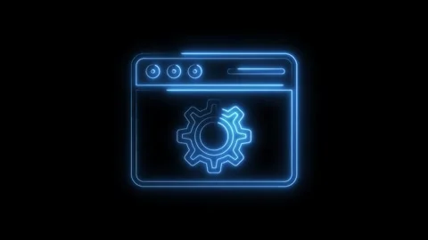 Digital browser with gear symbol glowing in blue neon style on black backgrou Stock Footage 316842847