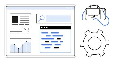 Digital browser window with text, graph, and search elements beside a briefca Stock Illustration