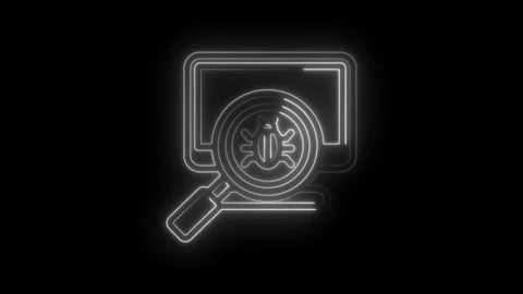 Digital bug detection magnifying glass over computer screen neon outline an.. Stock Footage 346825758