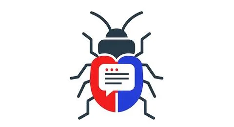 Digital bug icon with speech bubble representing communication technology a.. Illustrazione stock
