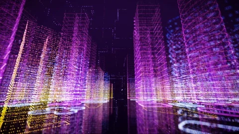 Digital buildings with a binary code particles network. Stock Footage 113733342