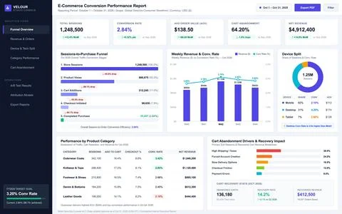 Digital business analytics dashboard displaying sales metrics, conversion fun Illustrazione stock