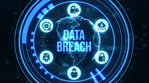Digital business and technology concept, virtual screen showing DATA BREACH. Vidéo 237622571