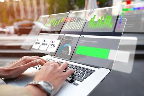 Digital business chart analysis using AI on a laptop in an outdoor setting Stock Photos