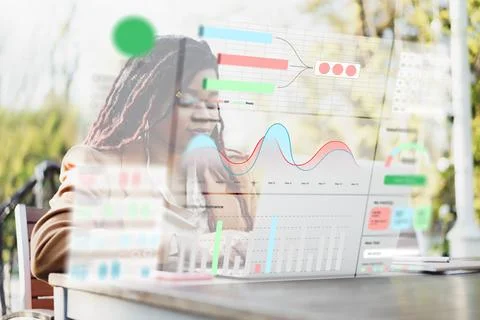 Digital business chart generated by AI while a person analyzes data outdoors Stock Photos
