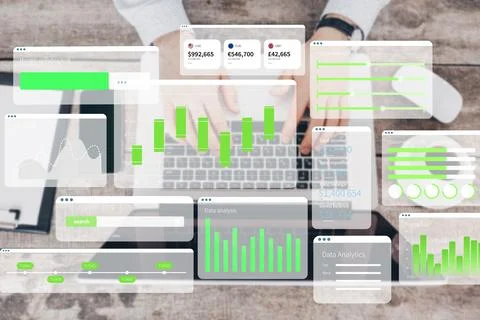 Digital business chart setup in office with analysis tools for performance Stock Photos