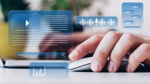 Digital business chart showing AI data and user interaction at a desk Stock Photos