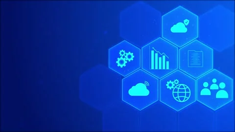 Digital business hexagon panel visual glowing cyan icons, analytics chart, cloud Stock Footage 340527441
