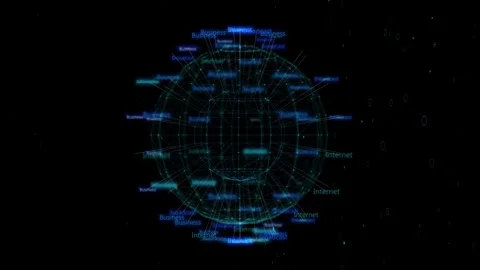 Digital business internet globe visual glowing network mesh, floating labels, da Stock Footage 340565266