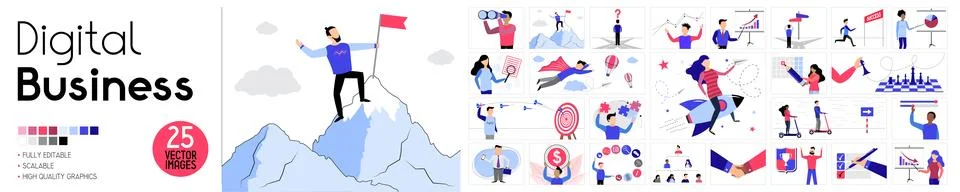 Digital business - set of vector illustrations with cartoon people Illustrazione stock