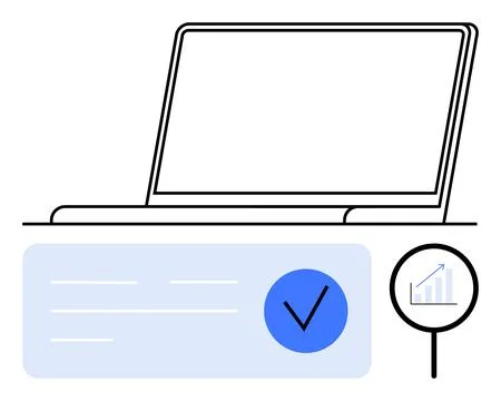 Digital Business Tools Laptop, Checkmark, and Analytics Magnifying Glass 스톡 일러스트