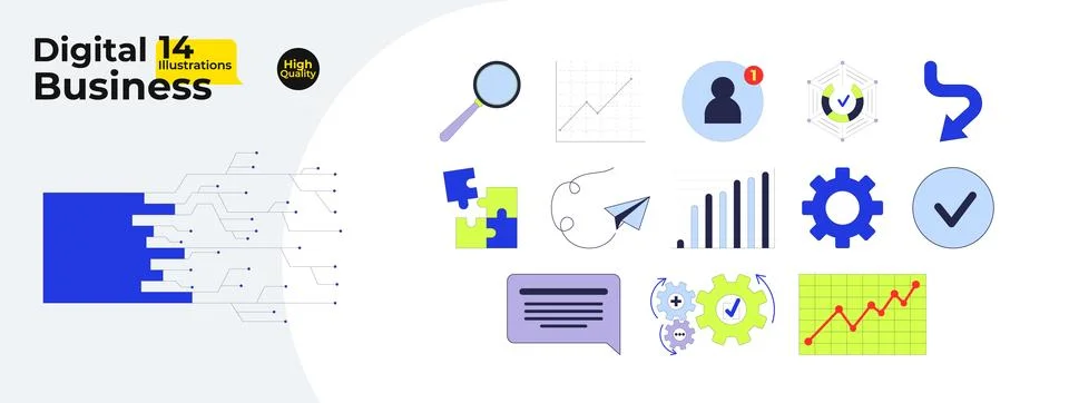 Digital business tools process optimization cartoon illustrations mega bundle Illustrazione stock