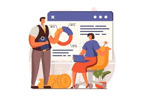 Digital business web concept in flat design. Man and woman discuss financial Stock Illustration