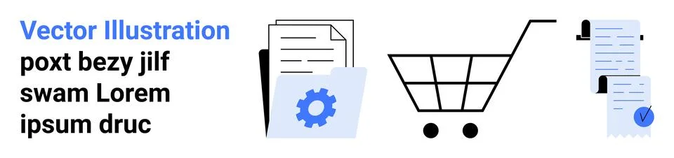 Digital Business Workflow with Documents, Gear Icon, and Shopping Cart Vector Stock Illustration