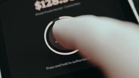 Digital button prompts to Hold to Pay, payment authorized successfully Stock Footage 332497288