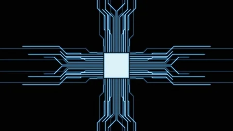 Digital button on a touchscreen. Futuristic microprocessor is starting the Video stock 146206831