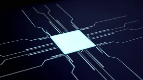 Digital button on a touchscreen. Futuristic microprocessor is starting the Stock Footage 146226349