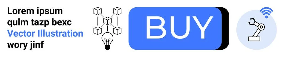 Digital Buy Button with Connected Nodes, Robotics Icon and Text Illustrazione stock